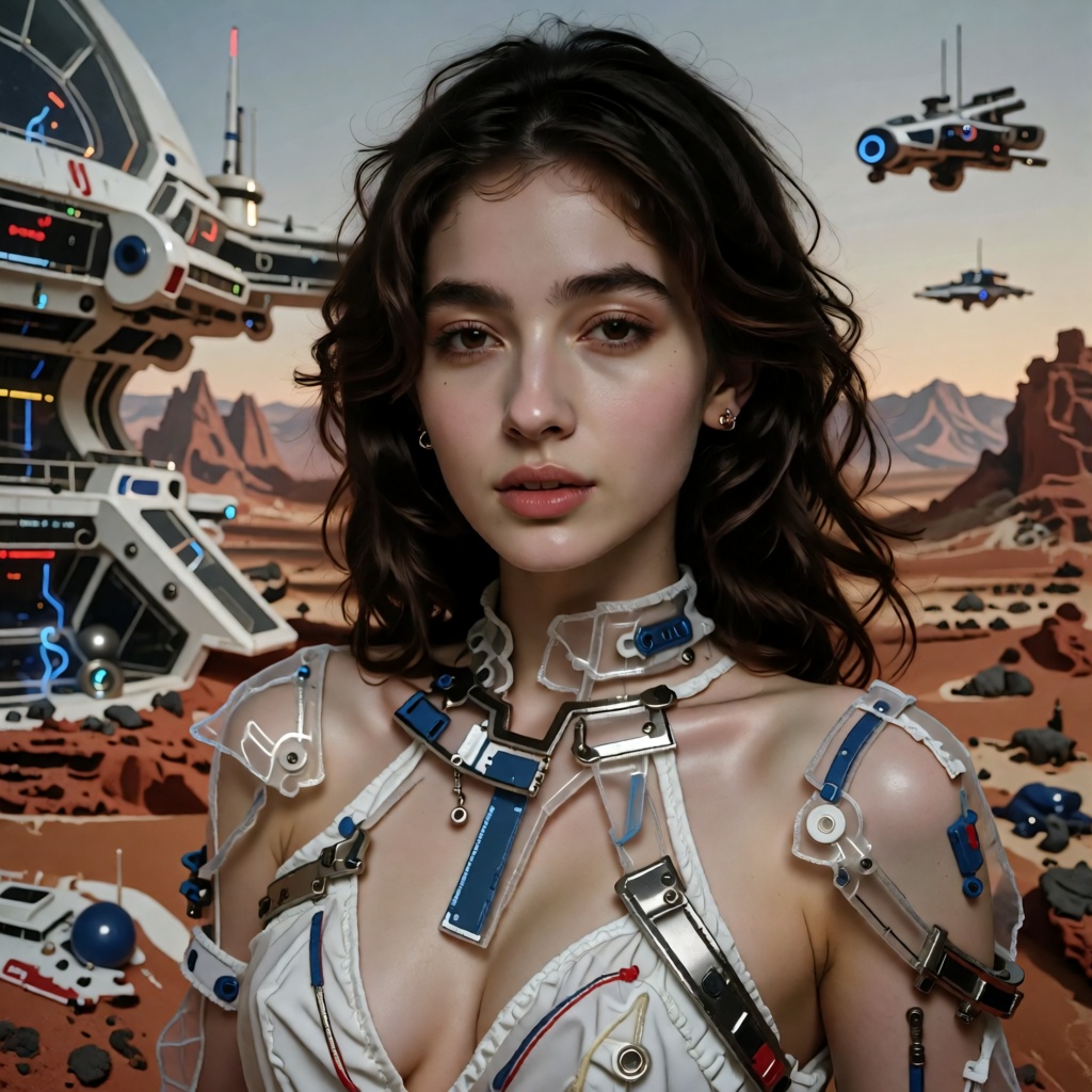 raw realistic cinematic photography,  beautiful futuristic female fashion model wearing an exquisite high-fashion white an...