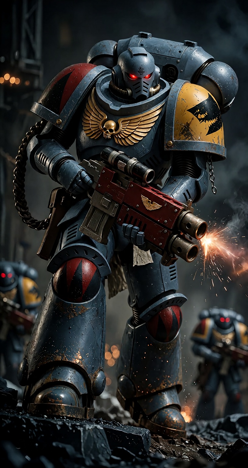 Photograph of a Sp4ceW40K warrior firing an arm cannon. Background shows a foggy war-torn battlefield with other rmored fi...
