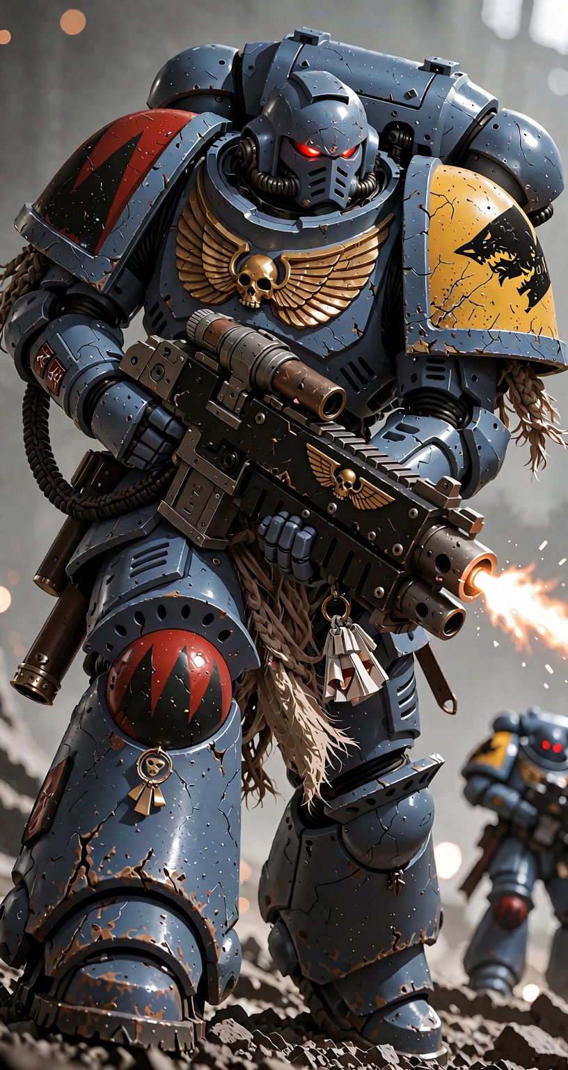 Photograph of a Sp4ceW40K warrior firing an arm cannon. Background shows a foggy war-torn battlefield with other rmored fi...