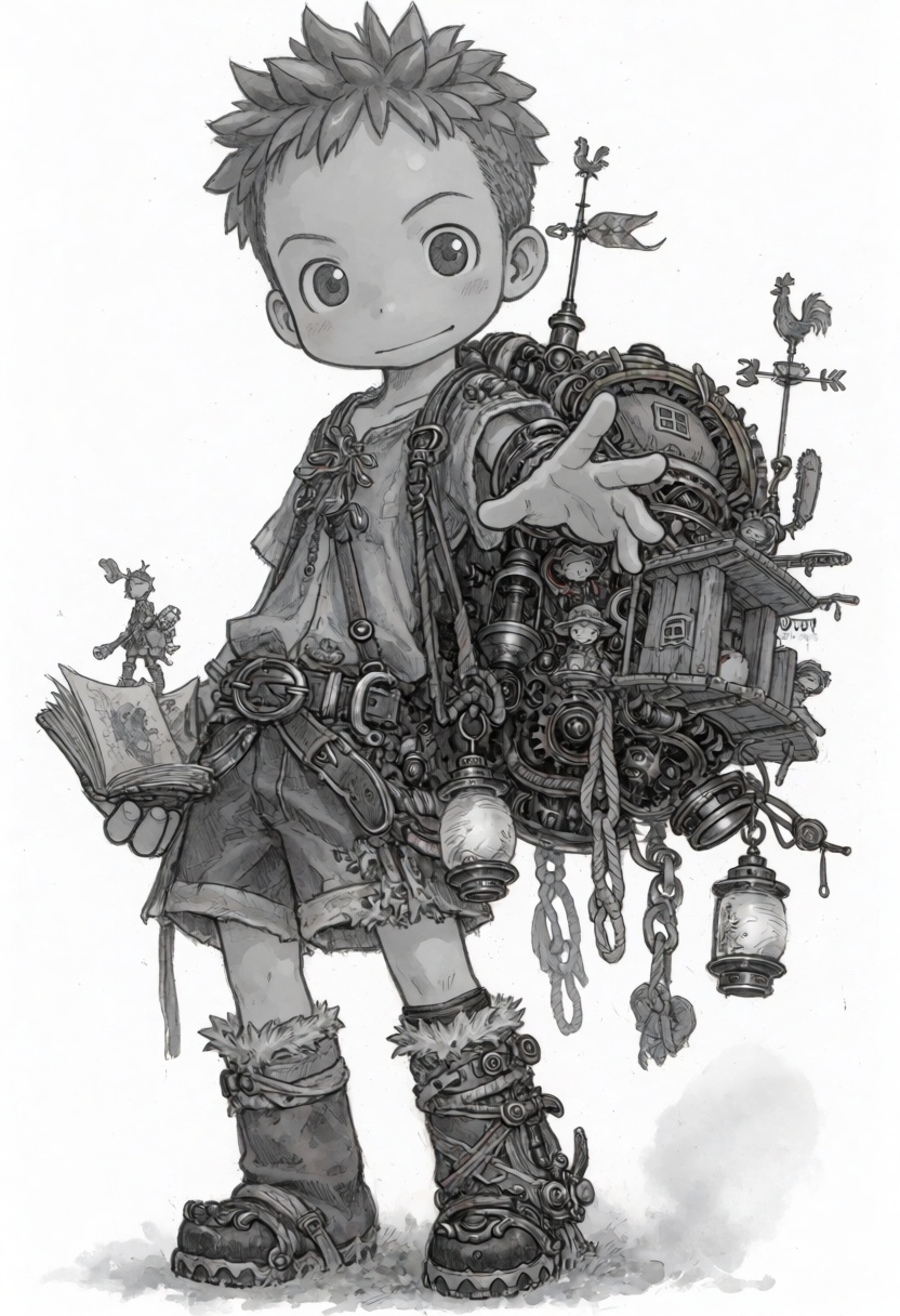 tsukushistyle,  Full shot,  eye-level portrait of a young boy standing in a centered composition against a plain white bac...