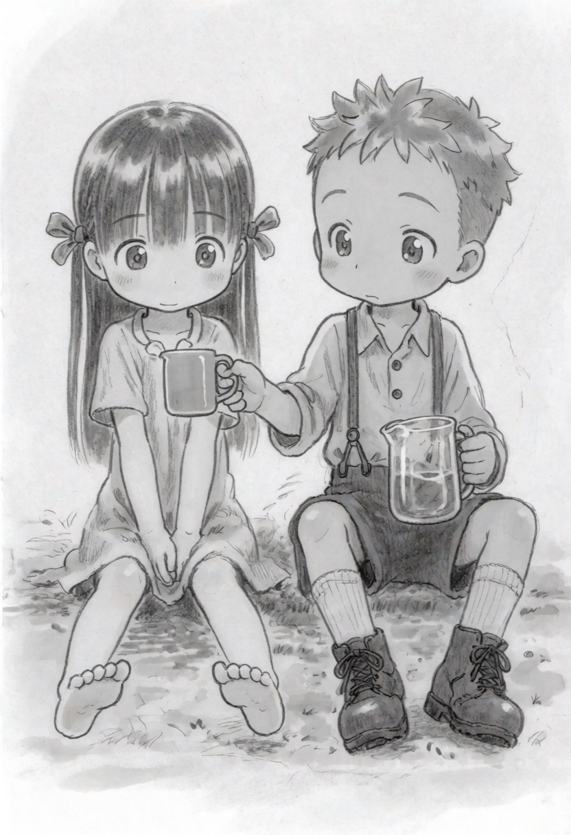 tsukushistyle,  A full-body shot depicts two young children sitting on a ground surface,  captured at a level camera angle...
