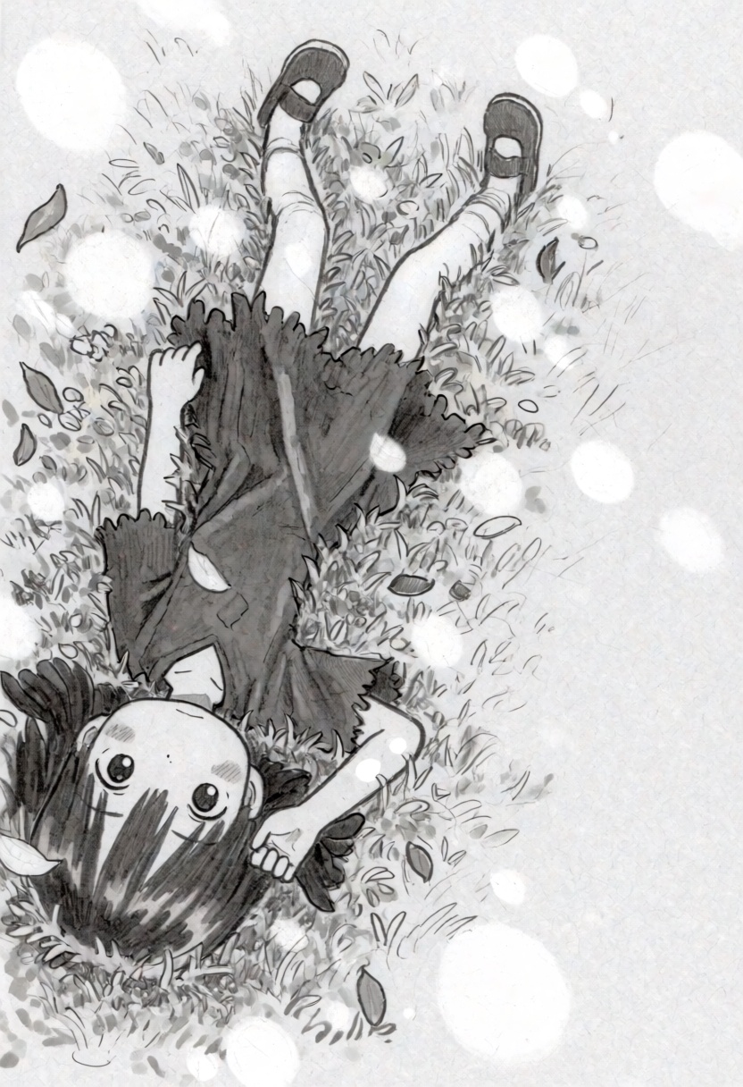 tsukushistyle,  A full shot,  high-angle bird’s-eye view pencil sketch depicts a young female child lying supine on a gras...