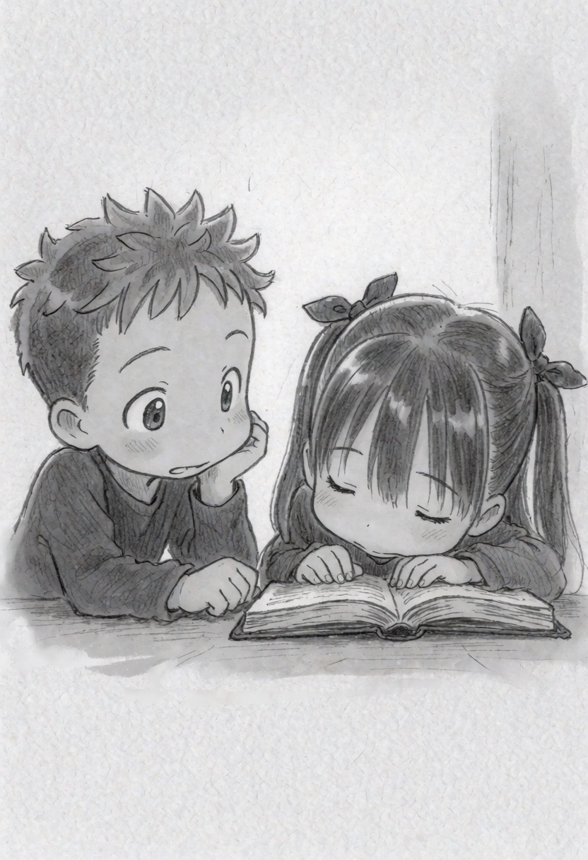 tsukushistyle,  A medium shot,  pencil-sketch style anime illustration depicts two young children resting on a flat surfac...