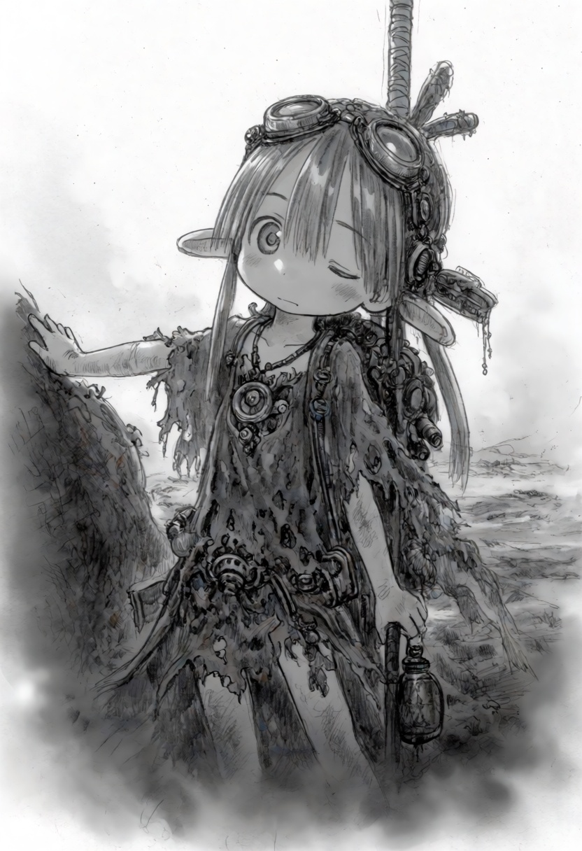 tsukushistyle,  A full shot pencil sketch portrait of Riko,  a young girl with large on Tensor.Art