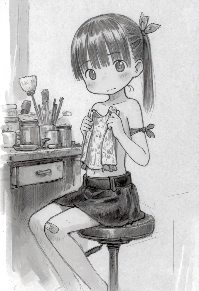 tsukushistyle,  A full shot of a young girl sitting on a tall,  circular wooden stool on Tensor.Art