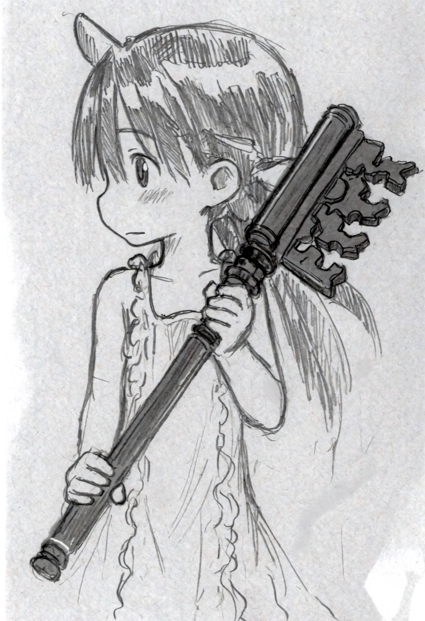 tsukushistyle,  A medium shot in the style of a traditional pencil sketch captures a young girl in profile from the waist...