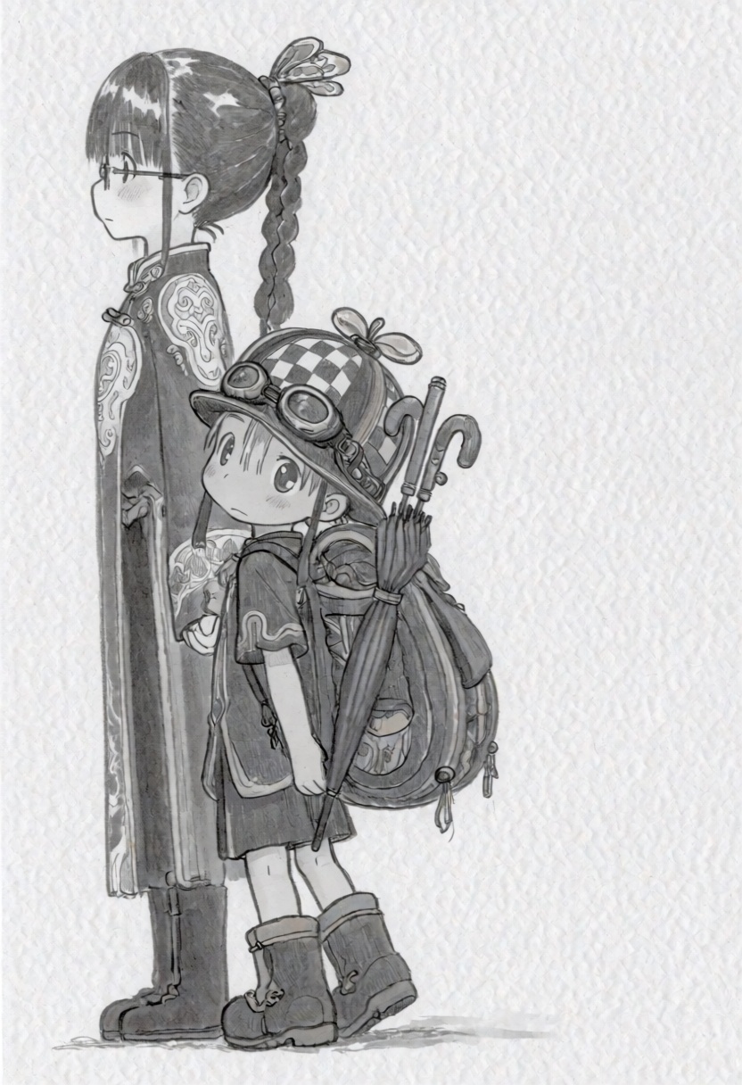 tsukushistyle,  A full-length vertical shot presented as a graphite pencil sketch on a textured white paper background. Th...