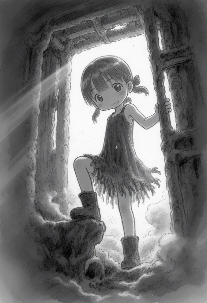 tsukushistyle,  A medium shot environmental illustration in a monochrome,  pencil-sketched style shows a young girl with l...