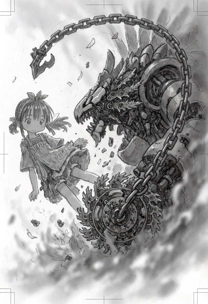 tsukushistyle,  A medium shot cinematic concept sketch in a monochrome pencil drawing style,  featuring a young girl and a...