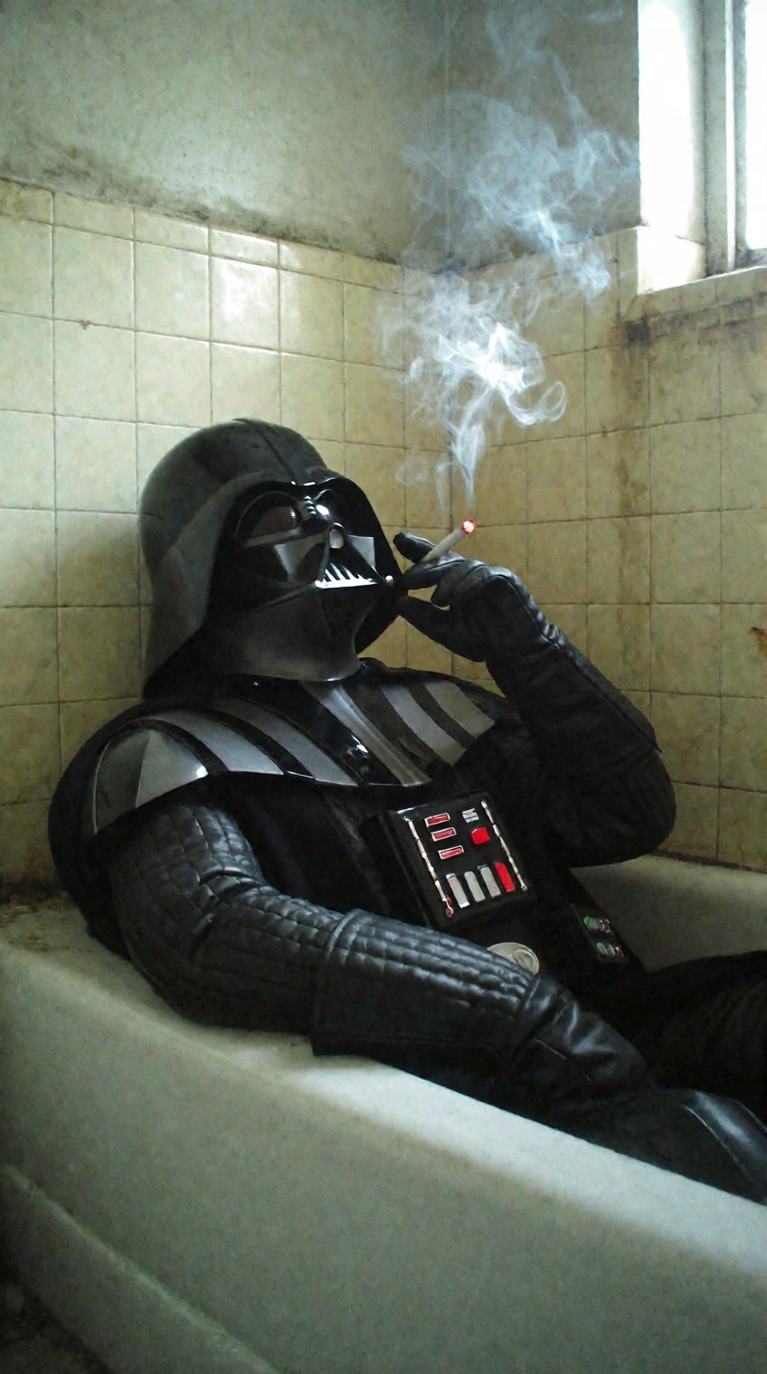 A surreal,  moody snapshot of Darth Vader lounging inside a dry white porcelain bathtub in a dingy,  rundown bathroom. Ful...