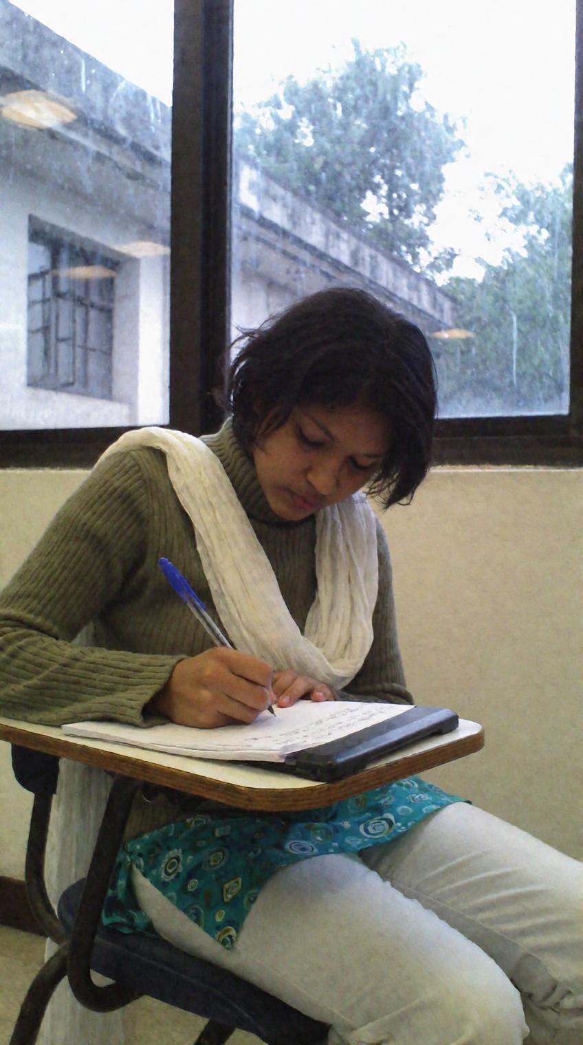 A candid snapshot of a young South Asian woman sitting in a classroom chair with an attached tablet arm,  leaning forward...