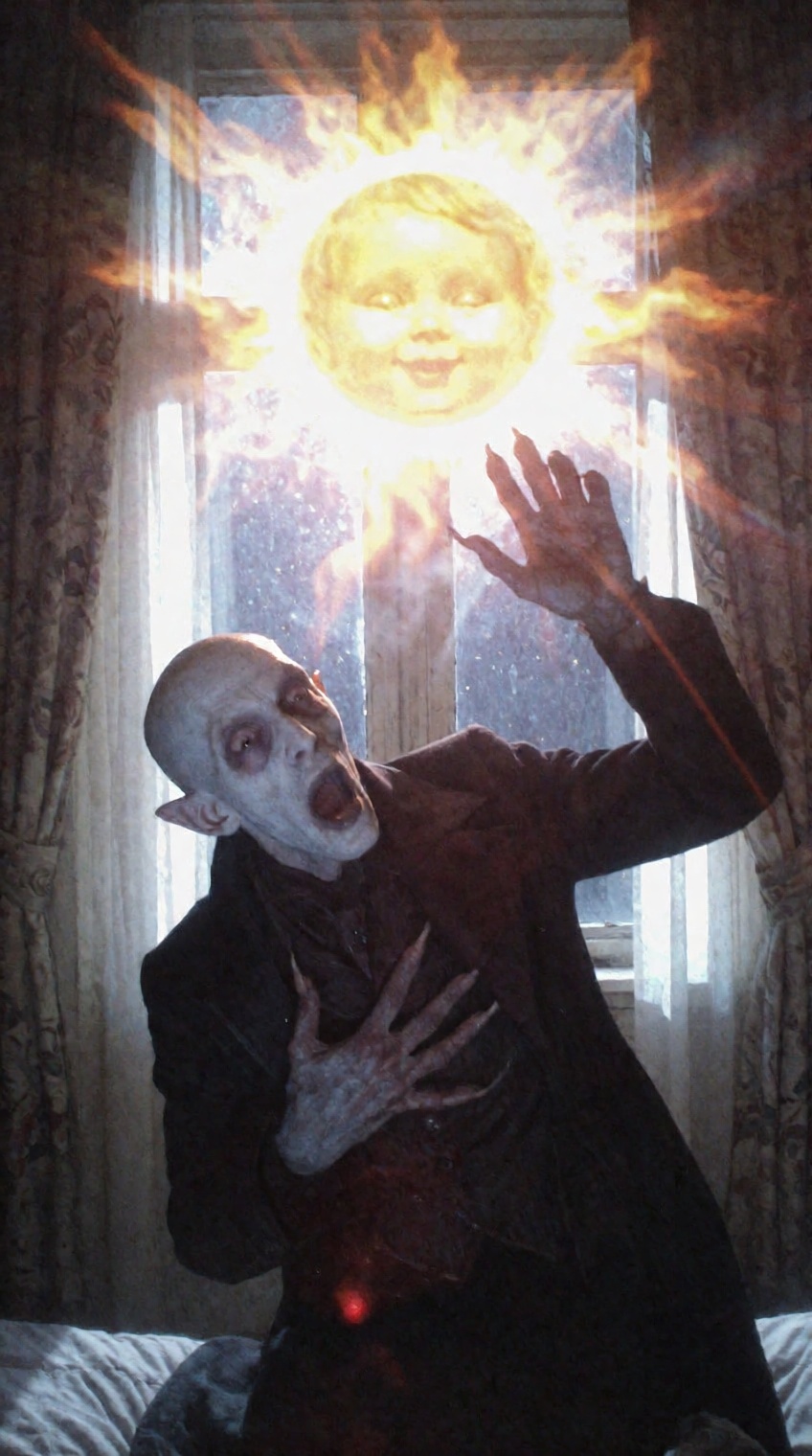 A surreal gothic parody snapshot capturing the pale,  gaunt vampire Count Orlok inside a gloomy Victorian bedroom,  recoil...