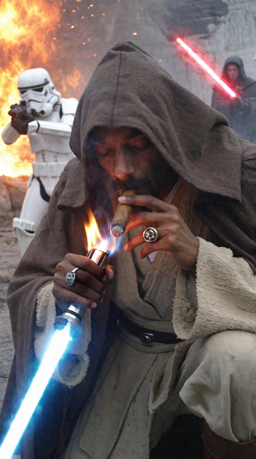 A candid snapshot of Snoop Dogg dressed as a Jedi Master crouched in the middle of a smoky warzone. Wearing a coarse brown...