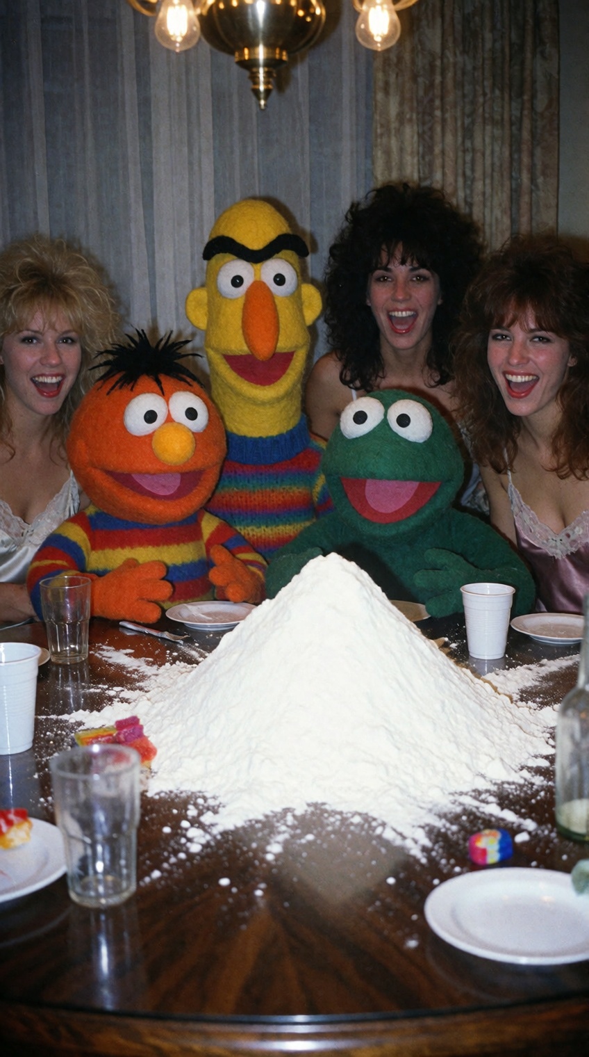 A chaotic,  surreal 1980s party snapshot inside a dimly lit hotel suite. Seated behind a polished dark wood table are thre...