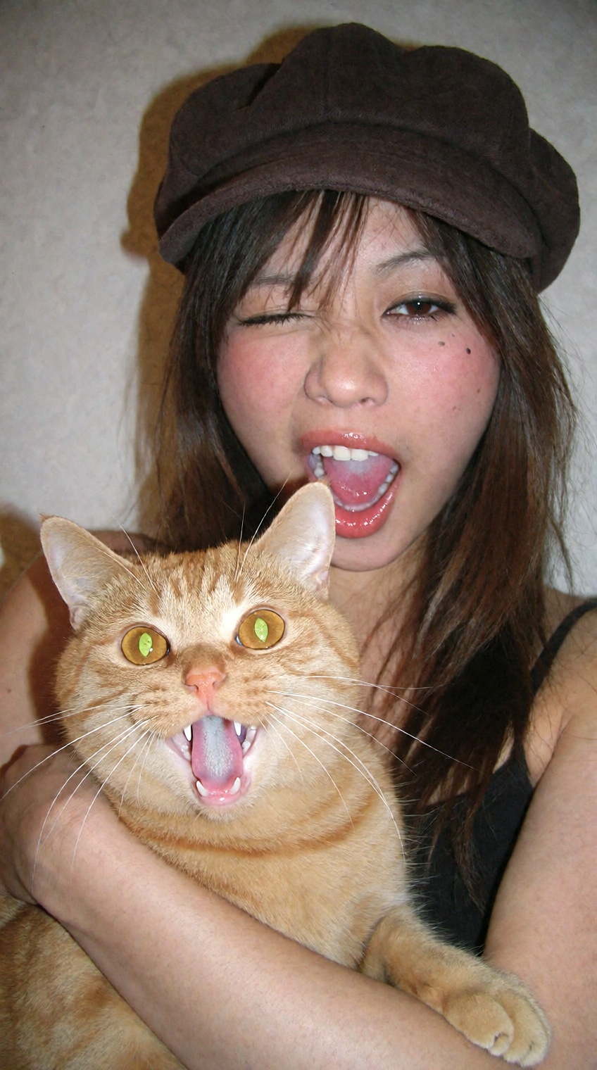 A playful indoor portrait of a young East Asian woman cradling a plump golden-ginger cat in her arms,  both mirroring each...