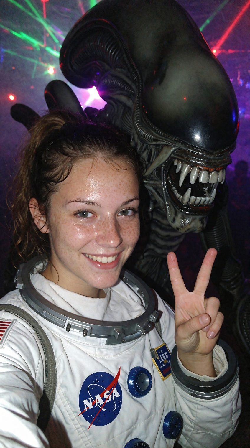 A high-angle handheld selfie of a smiling young woman with freckled,  glistening skin and damp brunette hair tied in a mes...