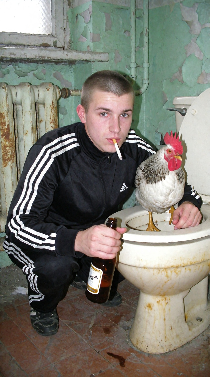 A candid snapshot of a young Eastern European man with a close-cropped buzz cut performing a flat-footed Slav squat inside...
