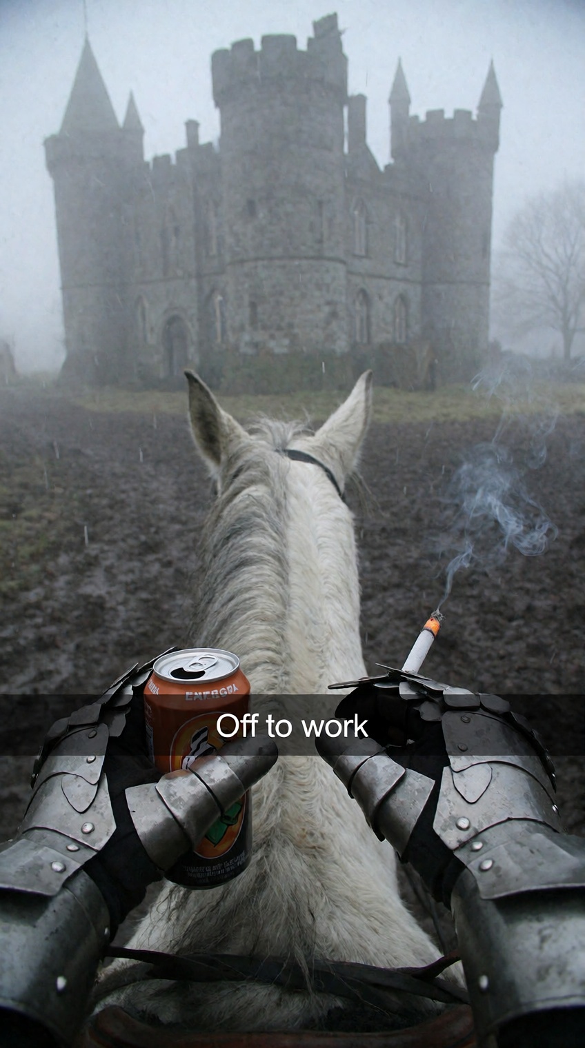 A first-person POV mobile snapshot taken from the saddle of a white horse. The rider's hands,  clad in tarnished steel pla...