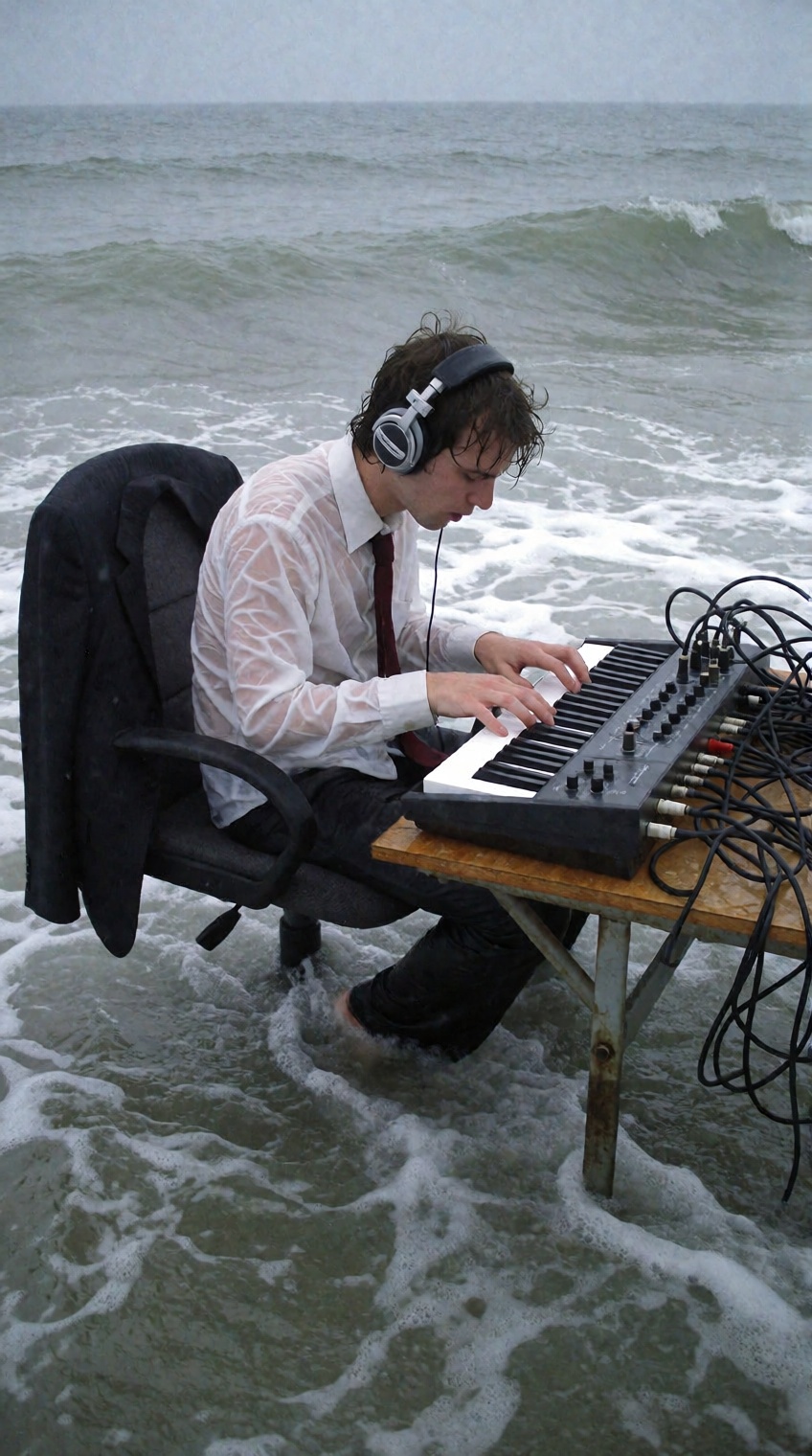 A surreal candid snapshot of a man dressed in soaked corporate office wear—a crumpled white dress shirt,  tie,  and dark t...
