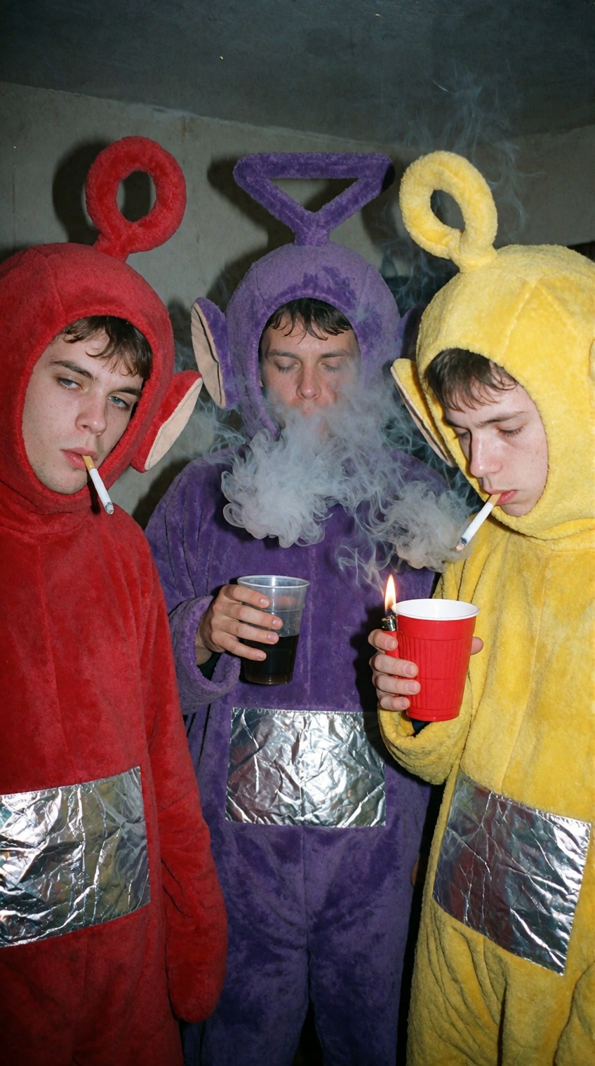 A gritty,  candid snapshot of three weary young men standing against a drab plaster wall at a house party,  dressed in ove...