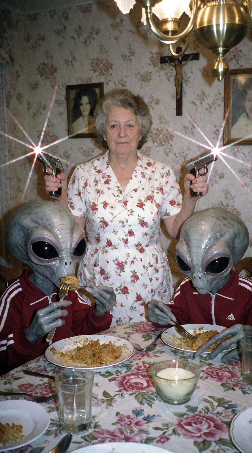 A surreal candid snapshot in a cramped vintage dining room. An elderly grandmother with permed grey hair and a floral hous...