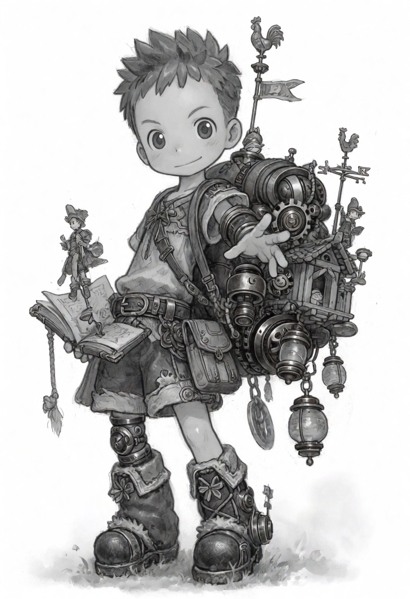 tsukushistyle,  Full shot,  eye-level portrait of a young boy standing in a centered composition against a plain white bac...