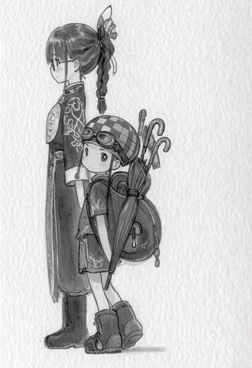 tsukushistyle,  A full-length vertical shot presented as a graphite pencil sketch on a textured white paper background. Th...