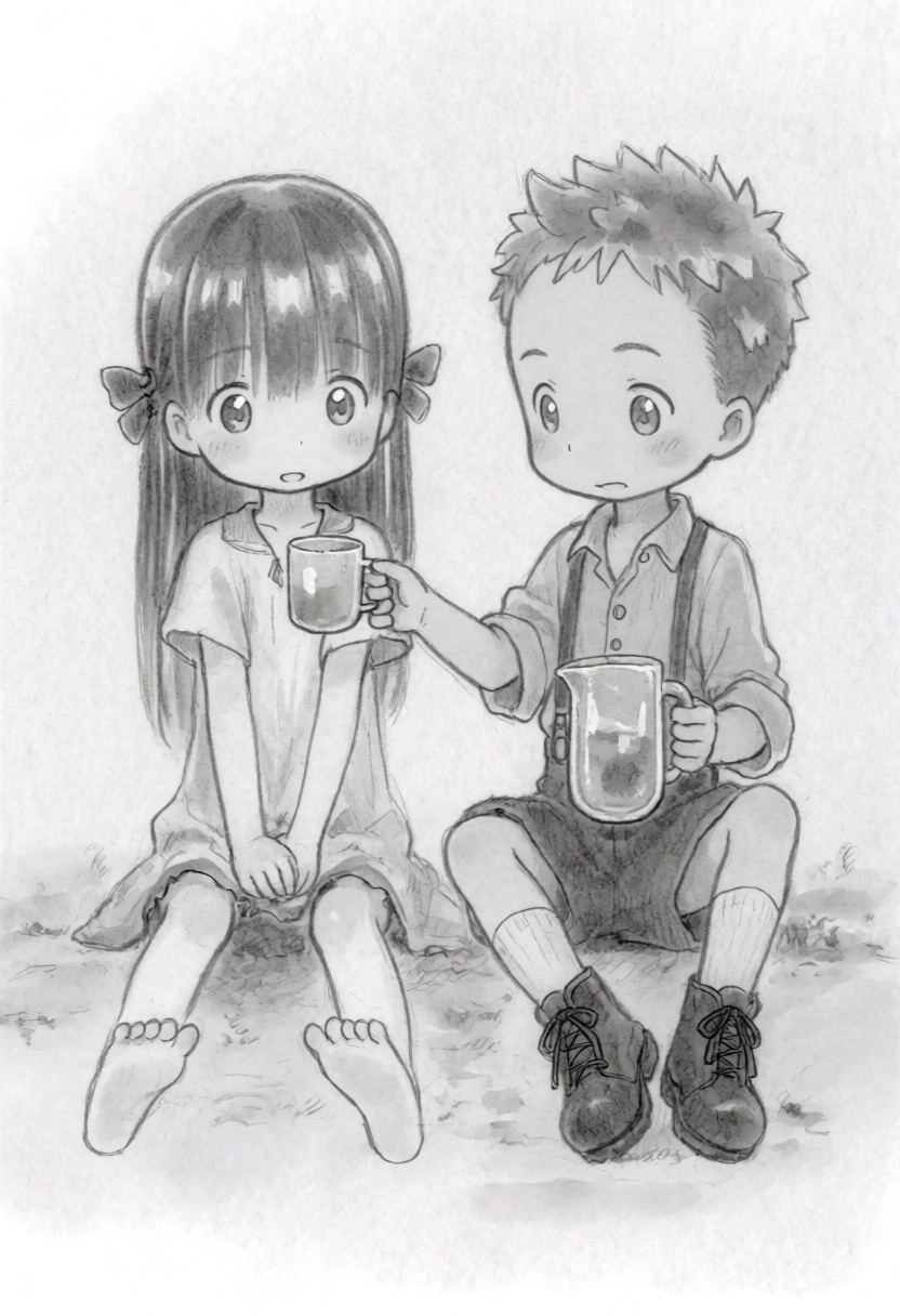tsukushistyle,  A full-body shot depicts two young children sitting on a ground surface,  captured at a level camera angle...