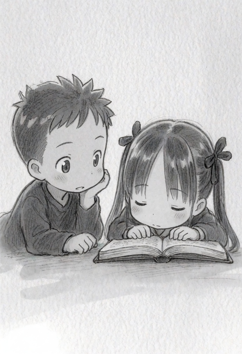 tsukushistyle,  A medium shot,  pencil-sketch style anime illustration depicts two young children resting on a flat surfac...