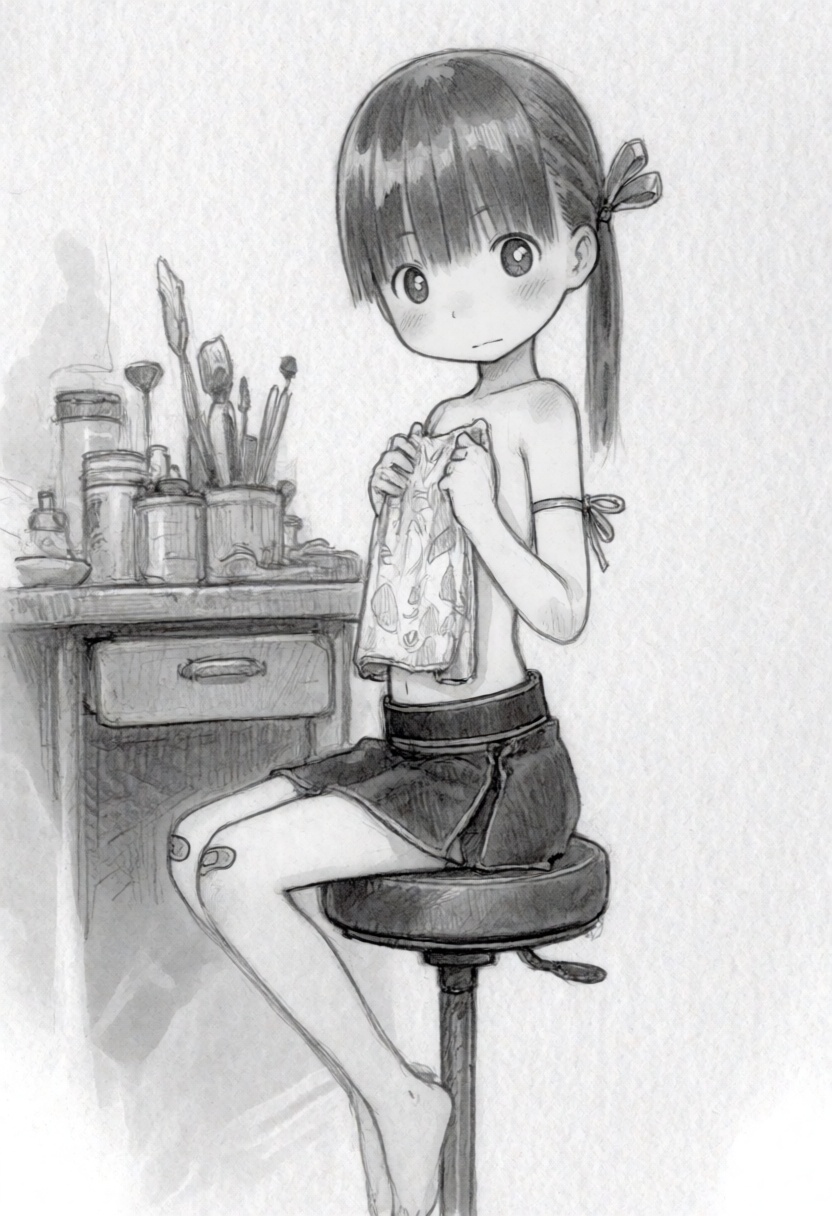 tsukushistyle,  A full shot of a young girl sitting on a tall,  circular wooden stool on Tensor.Art
