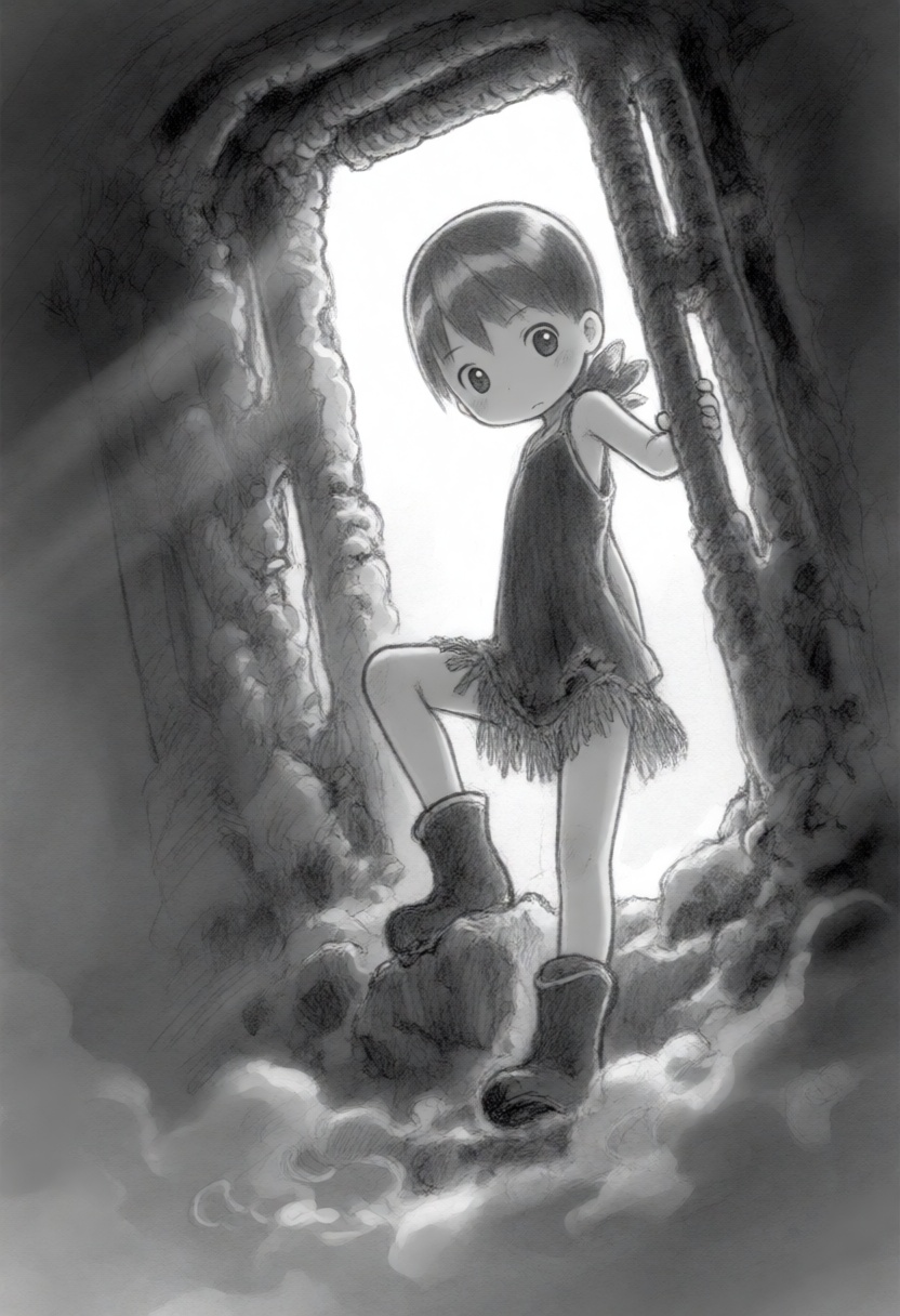 tsukushistyle,  A medium shot environmental illustration in a monochrome,  pencil-sketched style shows a young girl with l...