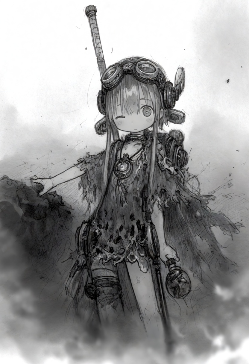 tsukushistyle,  A full shot pencil sketch portrait of Riko,  a young girl with large on Tensor.Art