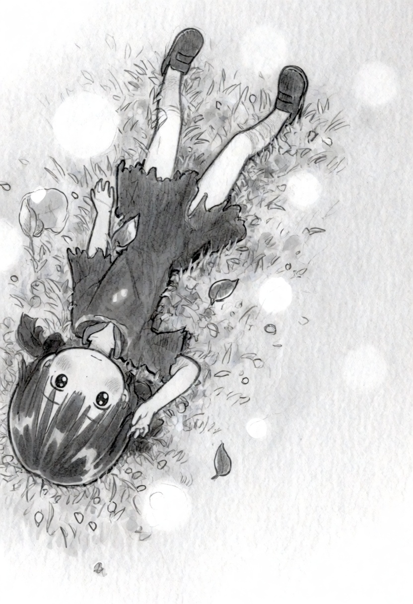 tsukushistyle,  A full shot,  high-angle bird’s-eye view pencil sketch depicts a young female child lying supine on a gras...