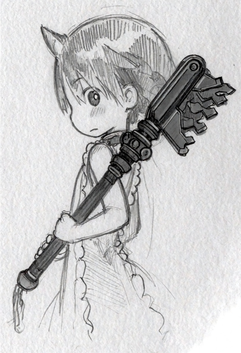 tsukushistyle,  A medium shot in the style of a traditional pencil sketch captures a young girl in profile from the waist...