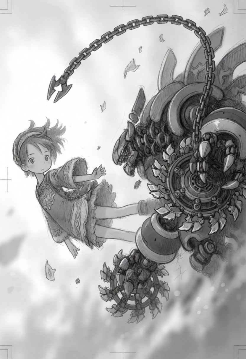 tsukushistyle,  A medium shot cinematic concept sketch in a monochrome pencil drawing style,  featuring a young girl and a...