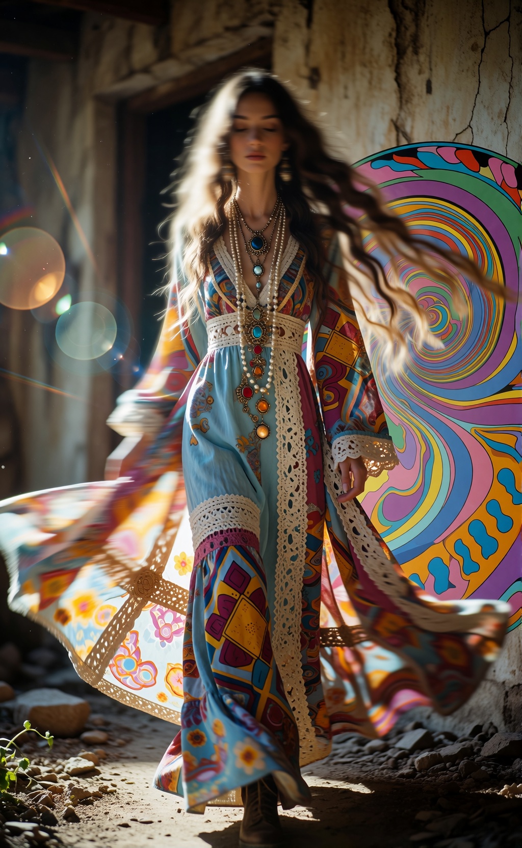 the enchanting realm of the 1970s,  where an iconic bohemian flair is reimagined through a surreal,  dreamlike lens. Frame...