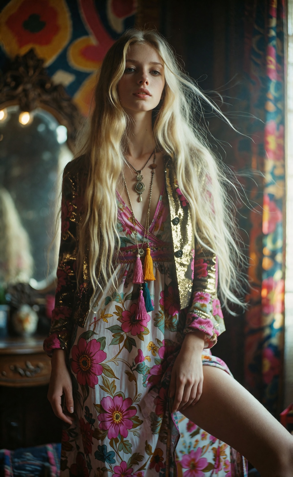 Capture a dream-like,  1970s bohemian scene with a strikingly beautiful,  ethereal woman as the focal point. Camera: Leica...