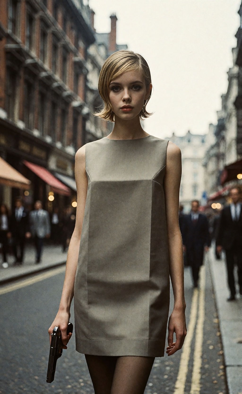 "Twiggy,  the 60s fashion icon,  embodies the elegance and sophistication of a 007 special agent in this captivating Londo...
