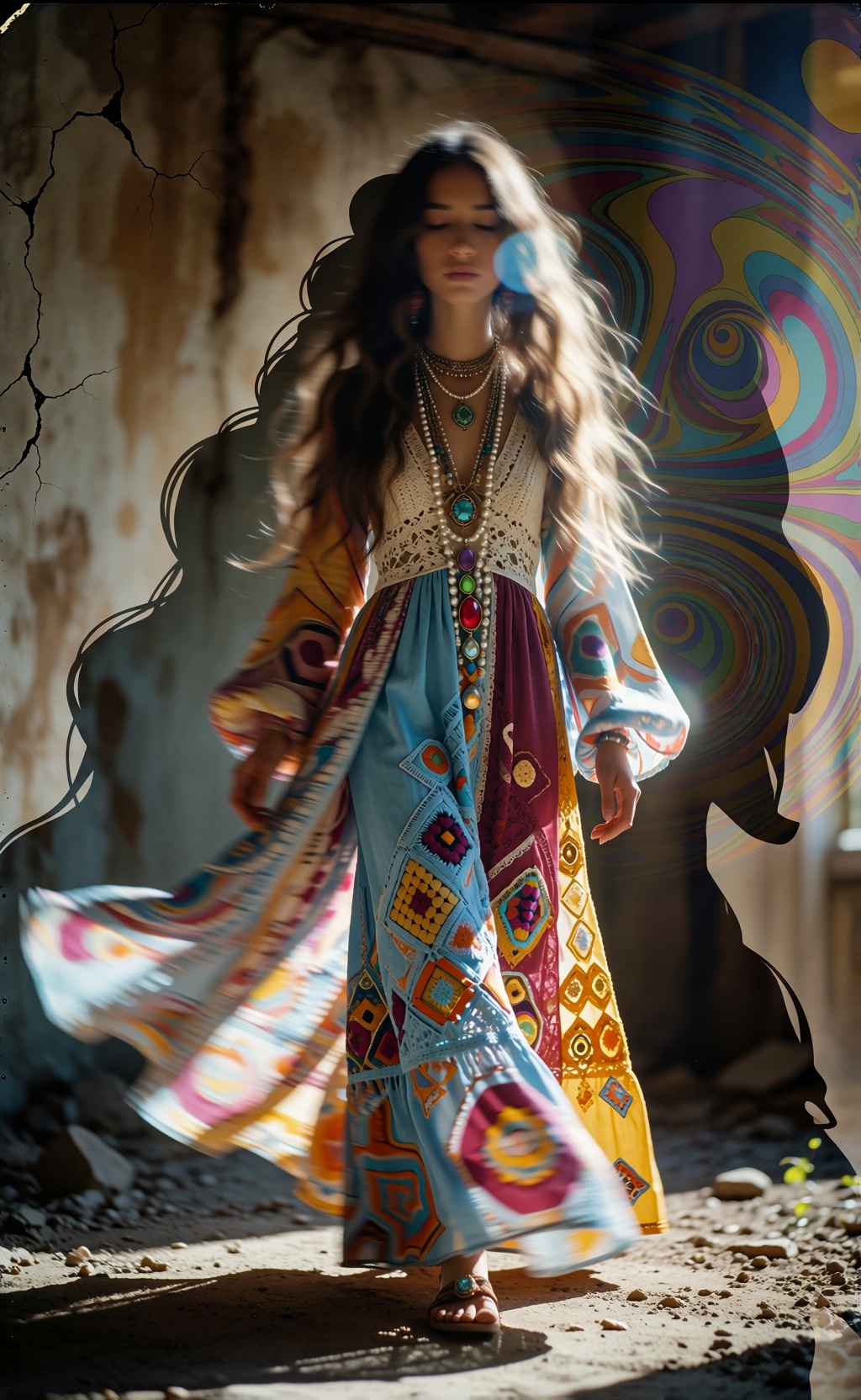 the enchanting realm of the 1970s,  where an iconic bohemian flair is reimagined through a surreal,  dreamlike lens. Frame...