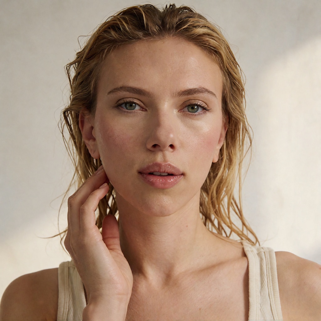 Premium cinematic beauty close-up,  compact frontal composition with the face centered high in frame and the raised hand e...