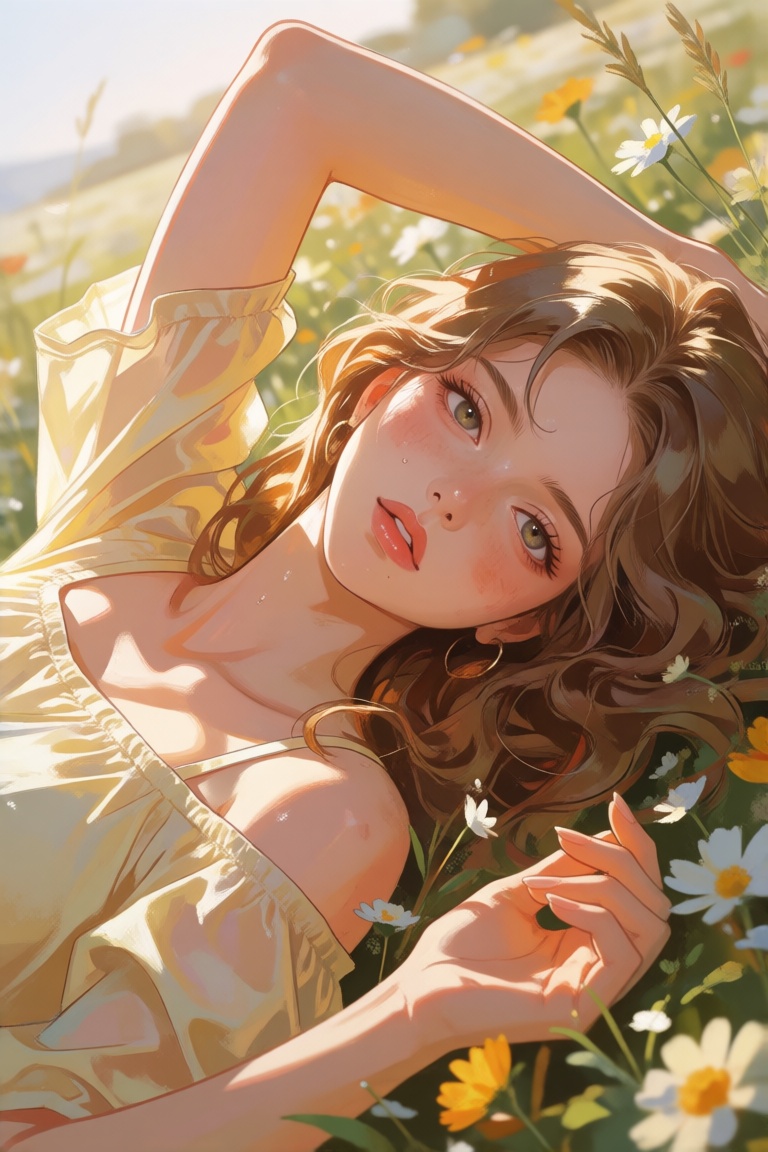 A high-angle realistic anime illustration of a woman with wavy,  honey-brunette hair,  lying on her back in a field of tal...