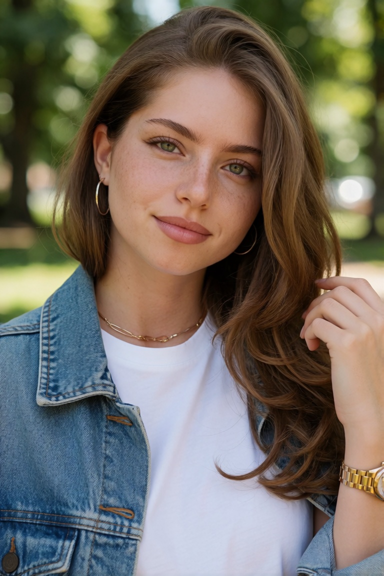 Professional editorial portrait photograph taken during an outdoor photoshoot in a park. Captured with a full-frame camera...
