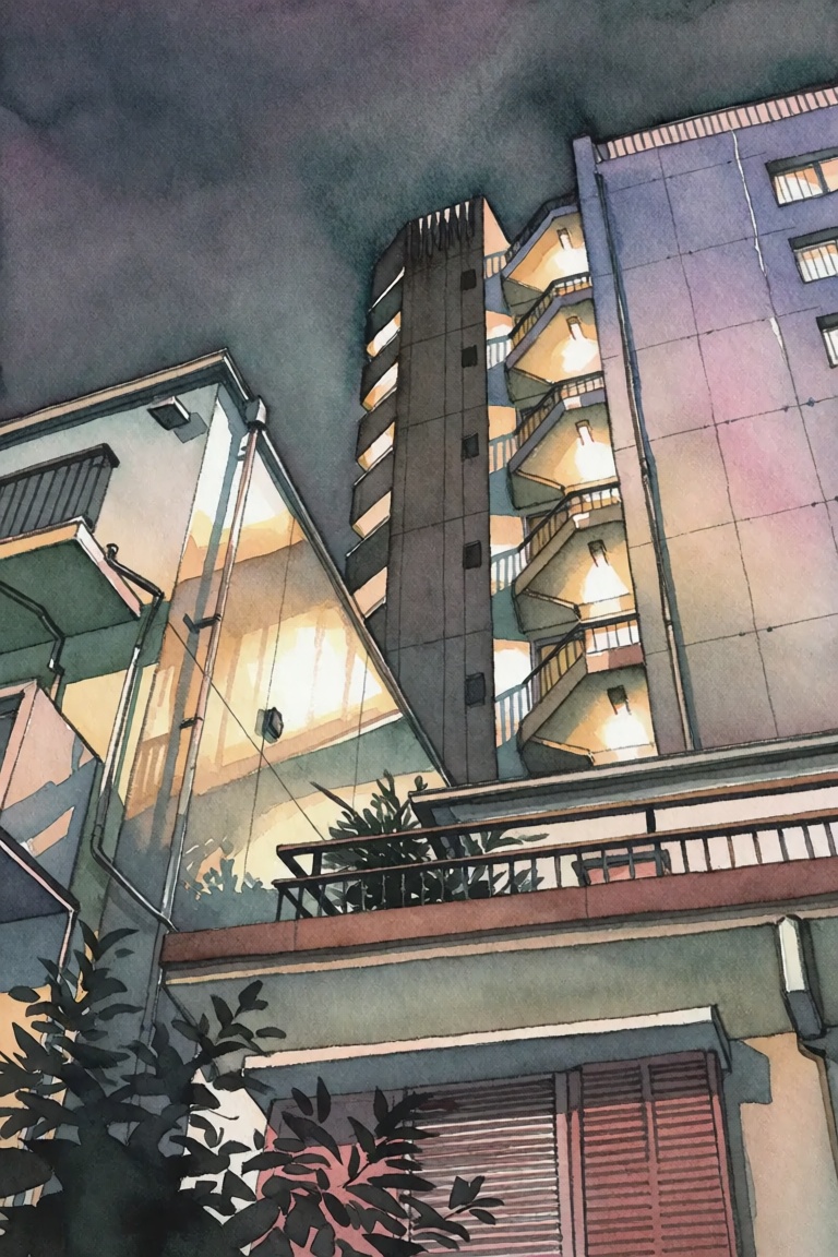 This watercolor artwork depicts an urban scene looking upward from a low angle,  capturing the interplay between architect...