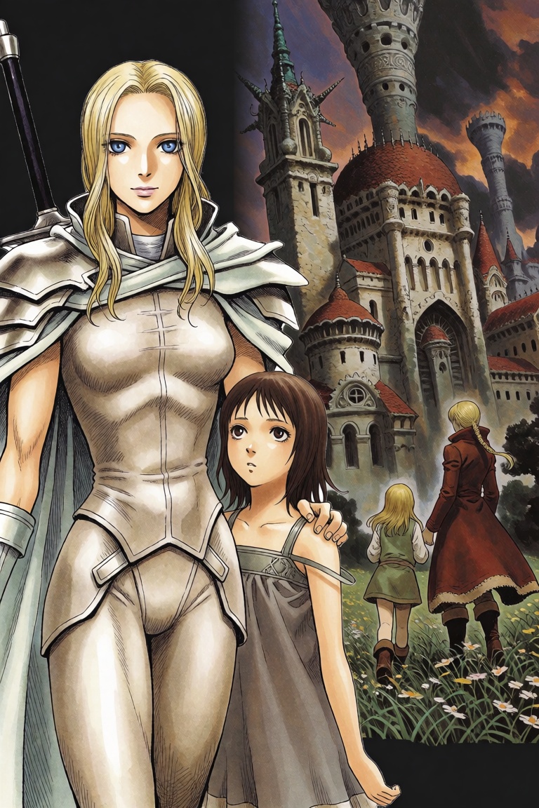 The image presents a composite illustration featuring two distinct scenes. In the foreground on the left,  a tall,  fair-s...