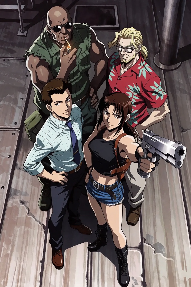 This image depicts the main cast of the anime series Black Lagoon,  featuring the members of the Lagoon Company positioned...