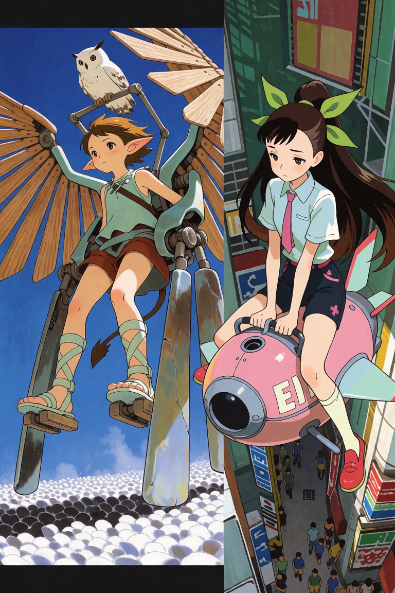 This image is a composite of two distinct artistic styles and scenes,  both featuring young anime-style female characters...