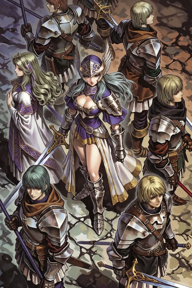 This image features a detailed,  high-fantasy illustration depicting a group of warriors,  likely representing a scene fro...