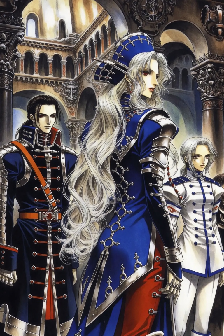 This detailed artwork features three central figures rendered in a highly ornate,  gothic-fantasy aesthetic,  typical of t...
