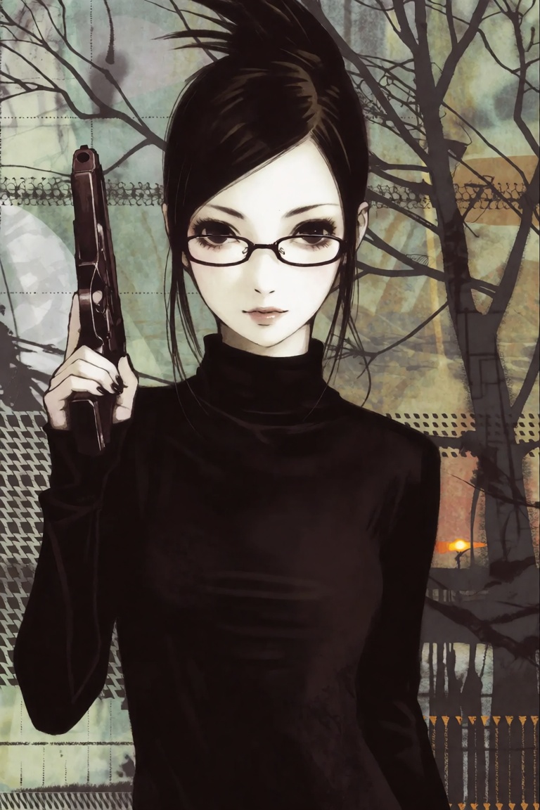 This digital illustration features a young woman with a striking anime-inspired aesthetic,  appearing to be of East Asian...