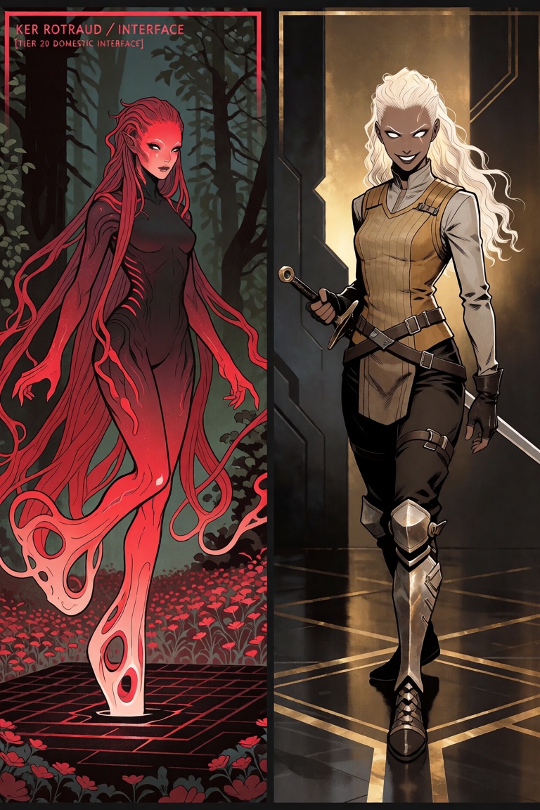 This image is divided into two distinct panels,  each featuring a female character. In the left panel,  the character is n...